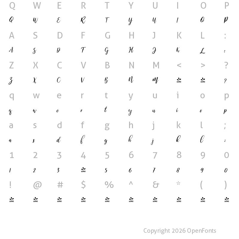 Character Map of FONTSPRING DEMO - Melloner Italic