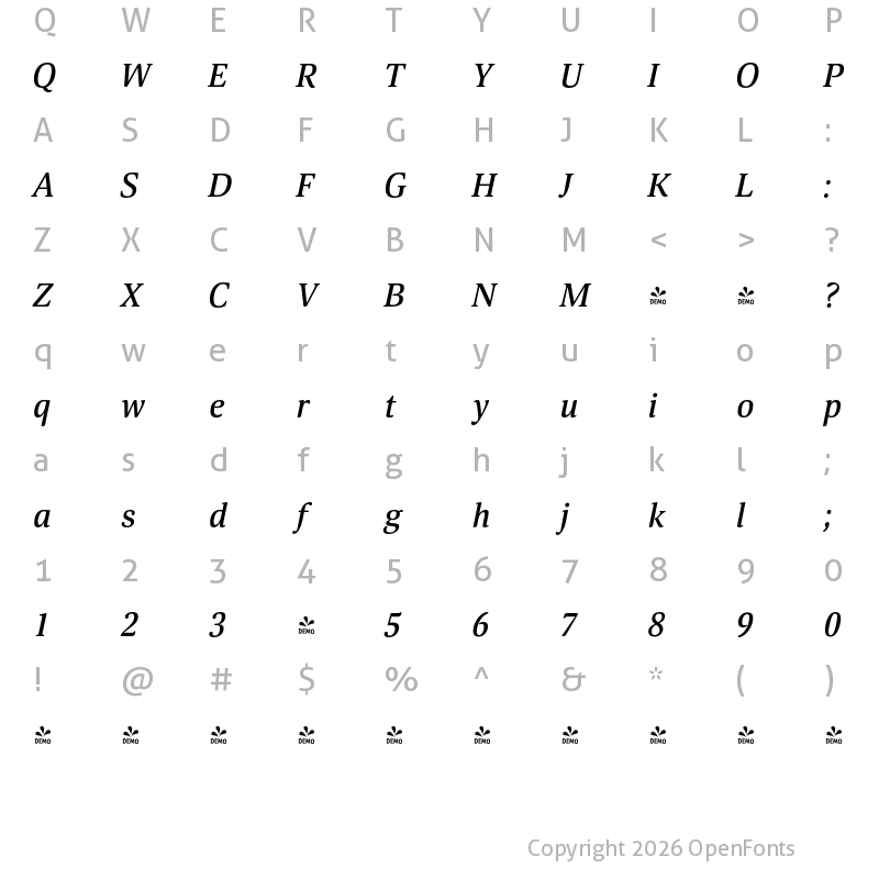 Character Map of FONTSPRING DEMO - Mellow Serif Medium Italic