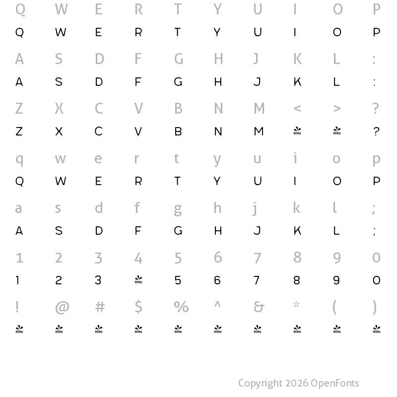 Character Map of FONTSPRING DEMO - Meltow San 100 Handmade Regular