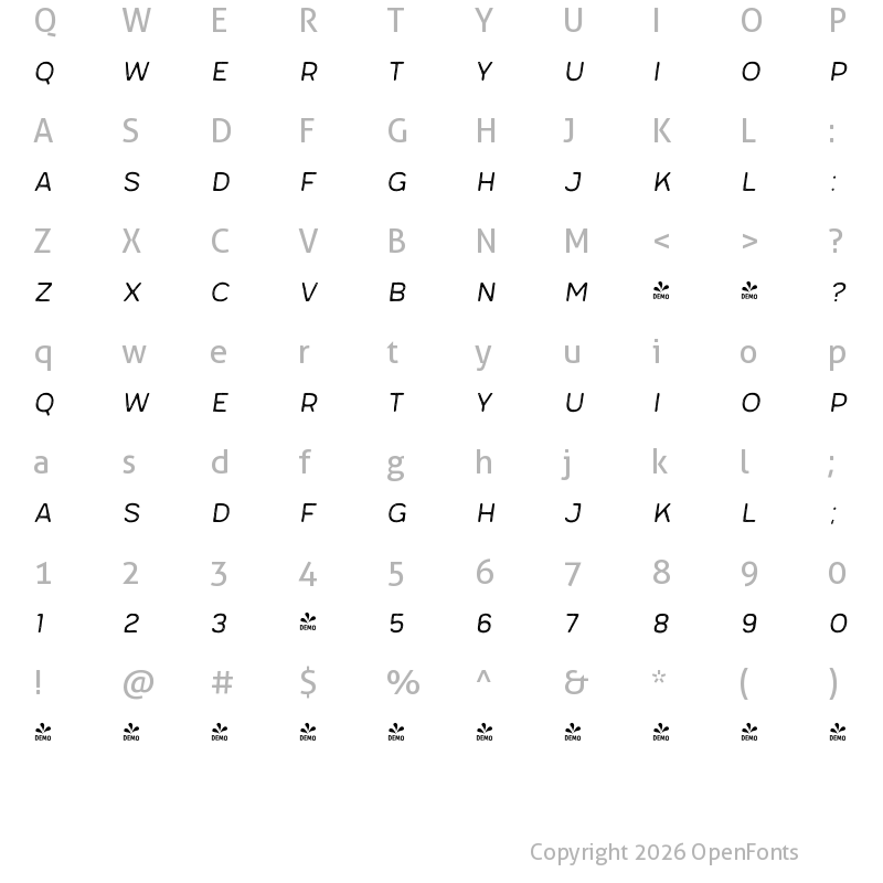 Character Map of FONTSPRING DEMO - Meltow San 100 Rust Italic