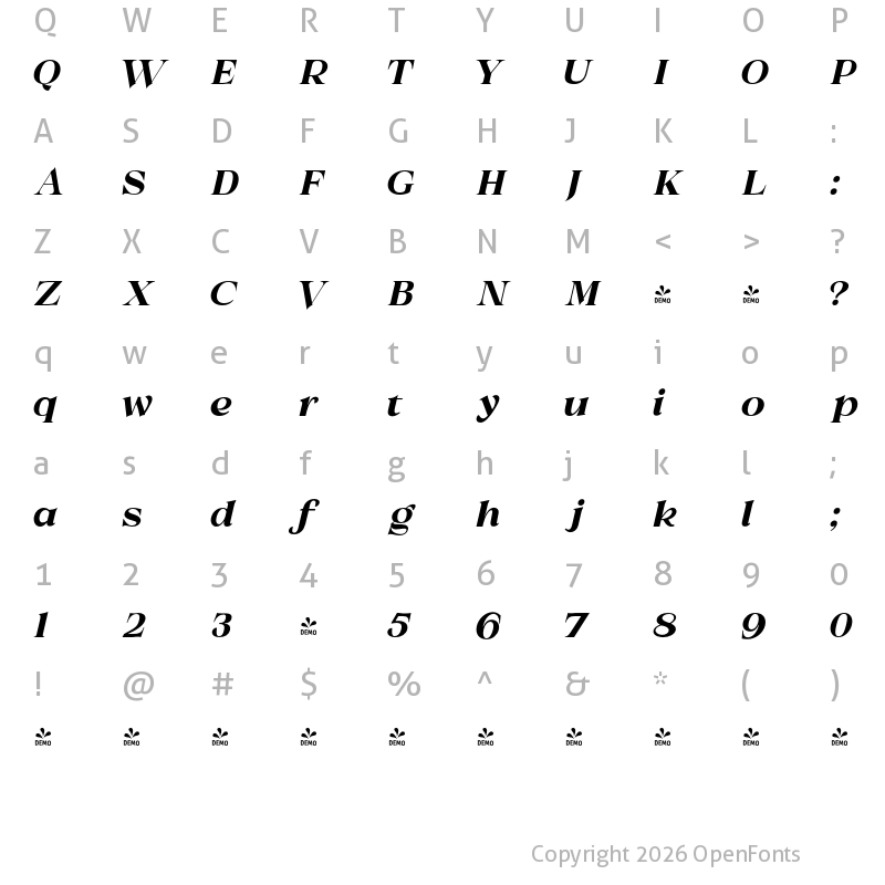 Character Map of FONTSPRING DEMO - Melville Text ExtBd Italic