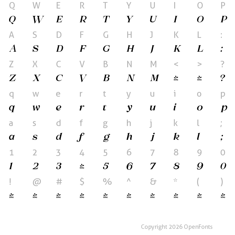 Character Map of FONTSPRING DEMO - Melville Text Italic