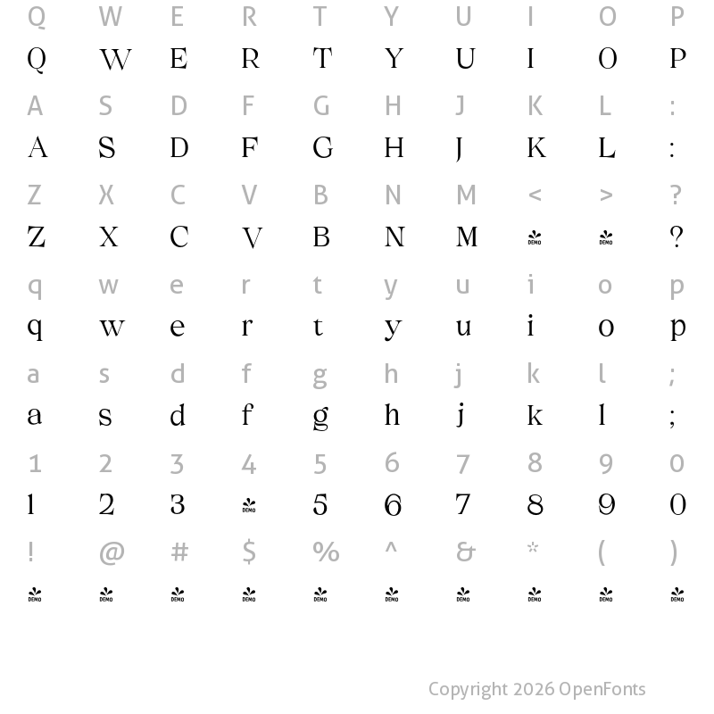 Character Map of FONTSPRING DEMO - Melville Text Thin Regular