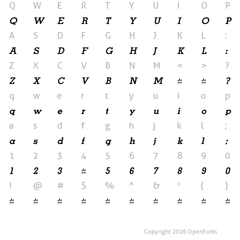 Character Map of FONTSPRING DEMO - MementorBold Italic