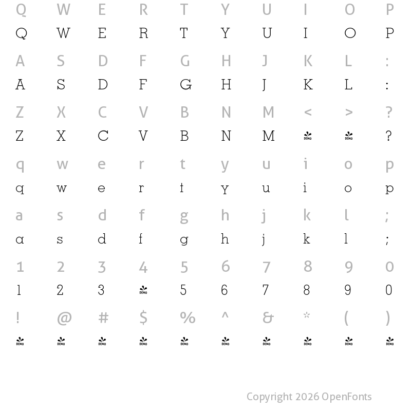 Character Map of FONTSPRING DEMO - Memphian Lt Regular