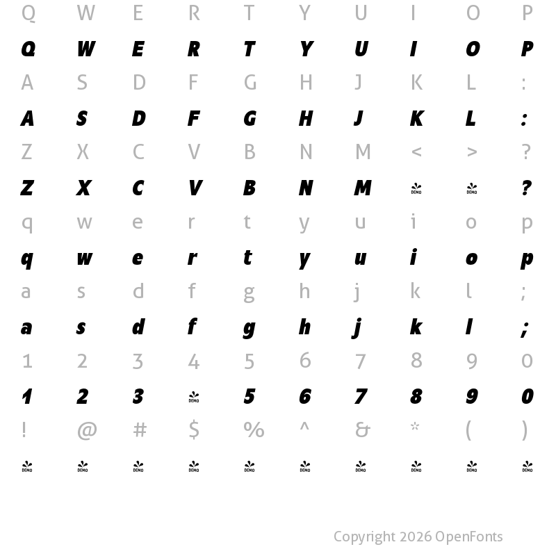 Character Map of FONTSPRING DEMO - Mensa Cond Regular Bold Italic