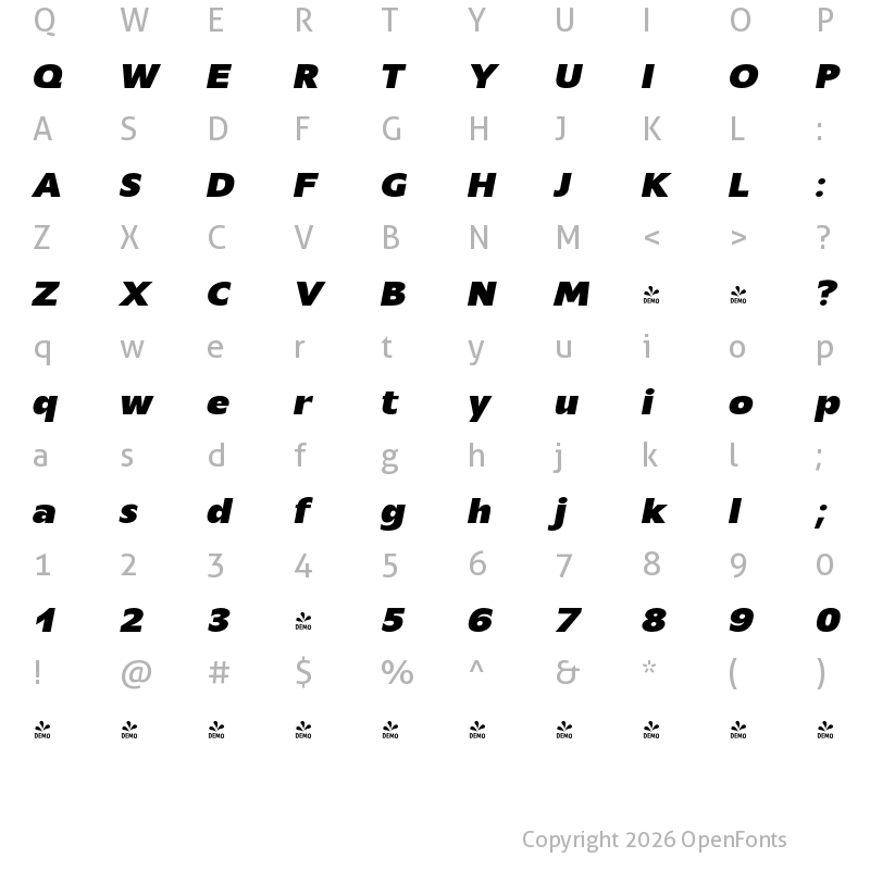Character Map of FONTSPRING DEMO - Mensa Exp Regular Bold Italic