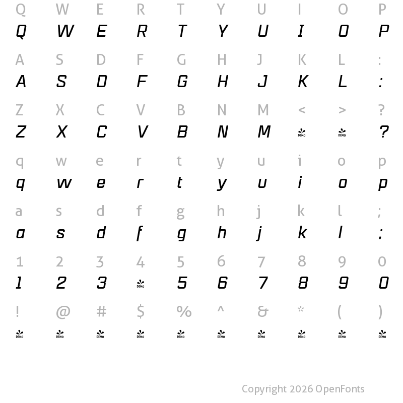 Character Map of FONTSPRING DEMO - Mensura Bold Italic Regular
