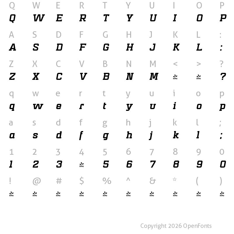 Character Map of FONTSPRING DEMO - Mensura Slab Black Italic Regular