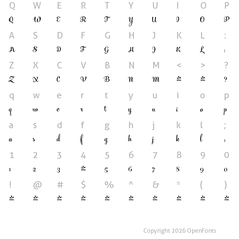 Character Map of FONTSPRING DEMO - Mercury Script Bold Regular