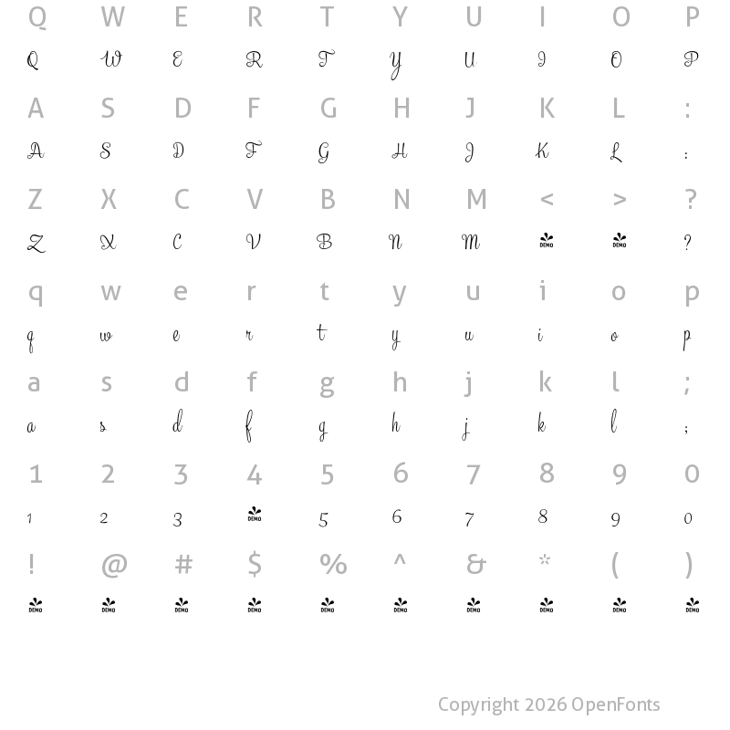 Character Map of FONTSPRING DEMO - Mercury Script Light Regular