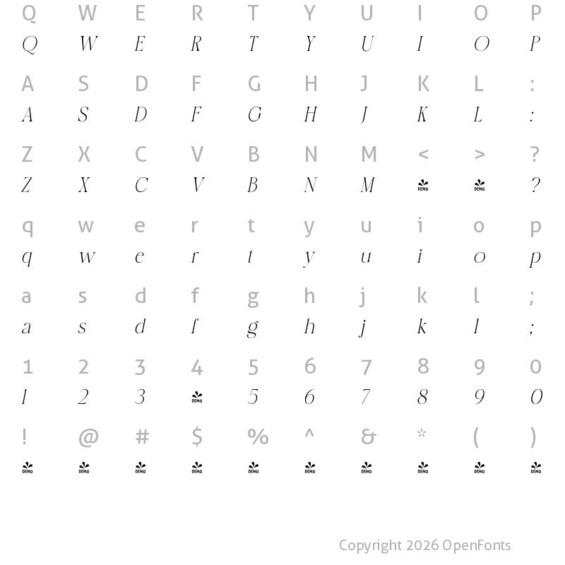 Character Map of FONTSPRING DEMO - Merilux Italic