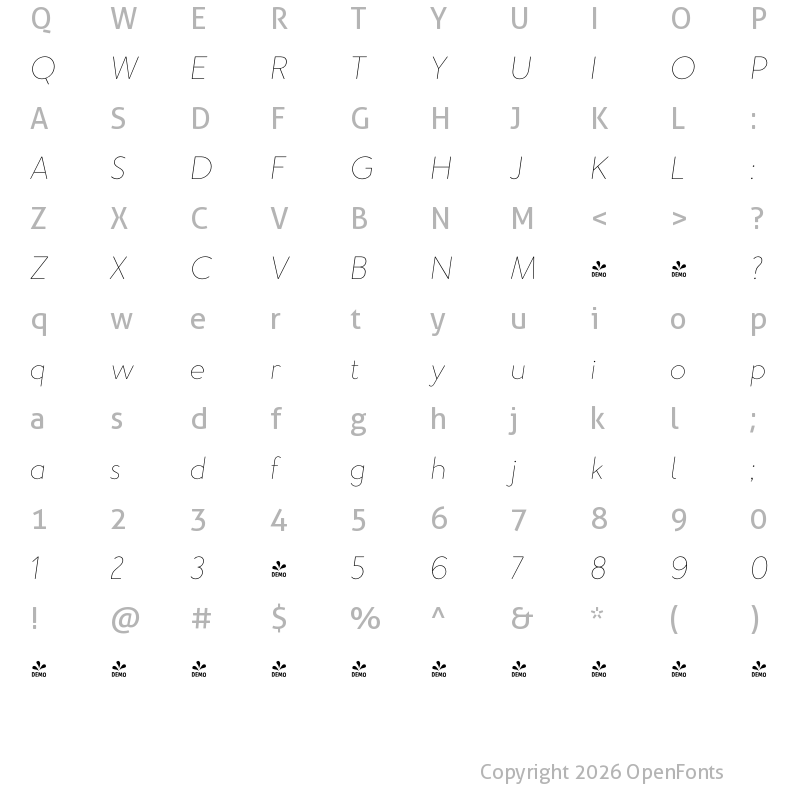 Character Map of FONTSPRING DEMO - Merlo Neue Round Hairline Italic