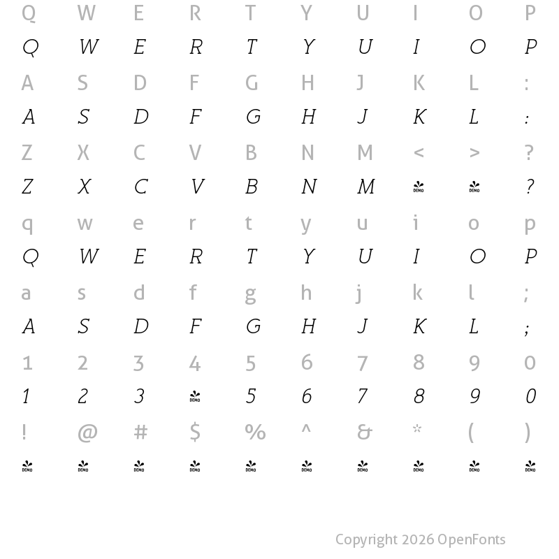 Character Map of FONTSPRING DEMO - Merlo Round Serif Italic Regular