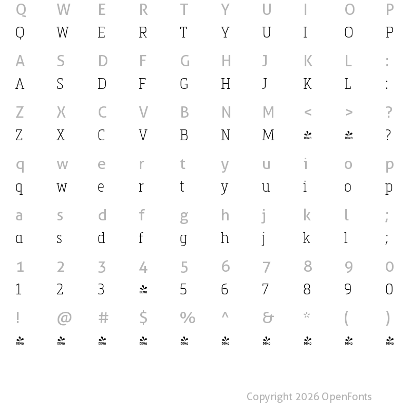 Character Map of FONTSPRING DEMO - Metronic Slab Narrow Air Regular