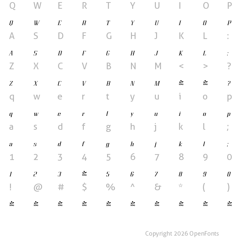 Character Map of FONTSPRING DEMO - Metropolis Bold Italic