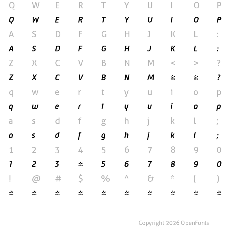 Character Map of FONTSPRING DEMO - Mic 32 New Rounded Lt Bold Italic