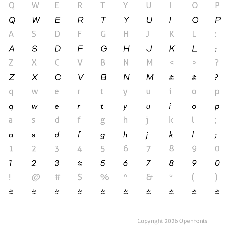 Character Map of FONTSPRING DEMO - Mid Century Sans Italic