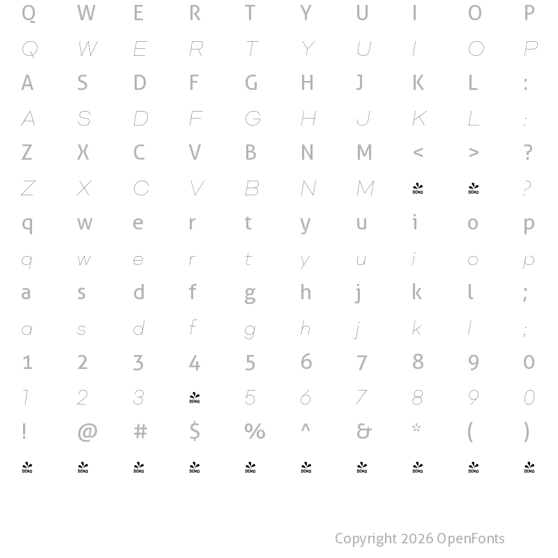 Character Map of FONTSPRING DEMO - Mid Century Sans Thin Italic