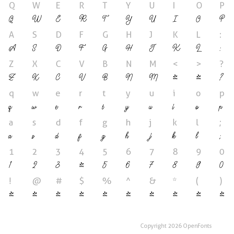 Character Map of FONTSPRING DEMO - Midgrow Script Script Regular