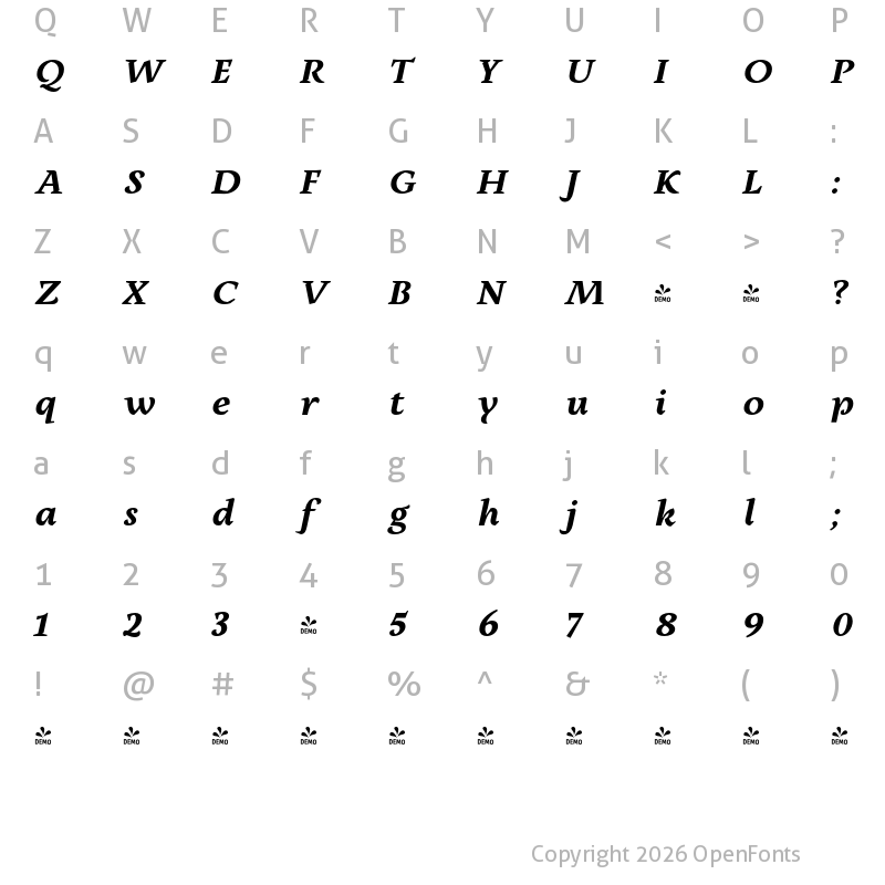 Character Map of FONTSPRING DEMO - Milas Text Heavy It Heavy Italic