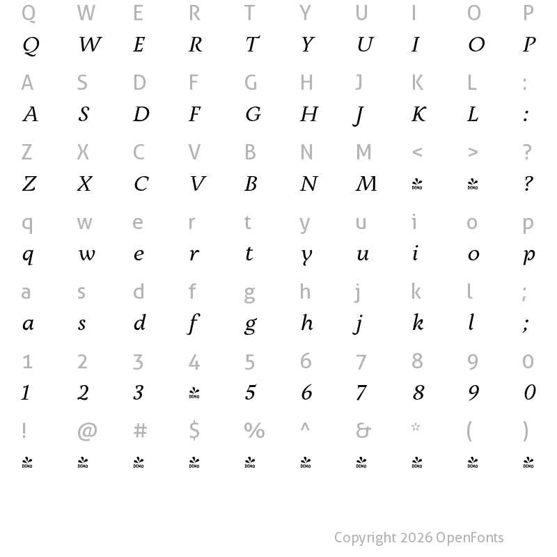 Character Map of FONTSPRING DEMO - Milas Text RegularIt Italic