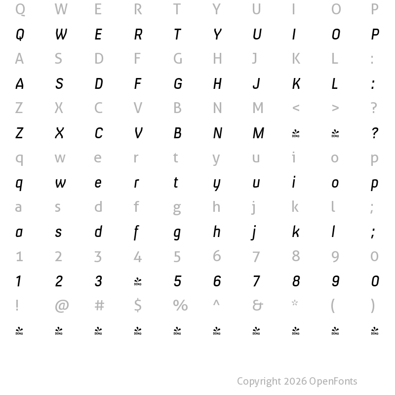 Character Map of FONTSPRING DEMO - Milibus Rg Italic