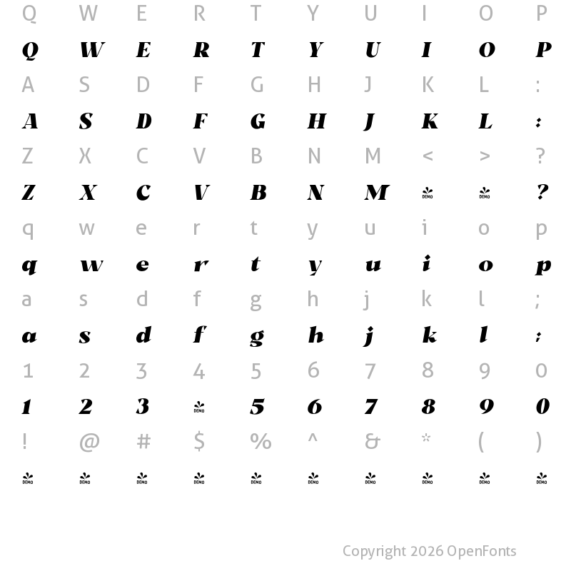 Character Map of FONTSPRING DEMO - Milk and Balls Italic Heavy Italic