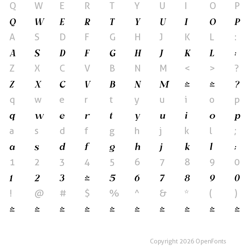 Character Map of FONTSPRING DEMO - Milk and Balls Italic Italic