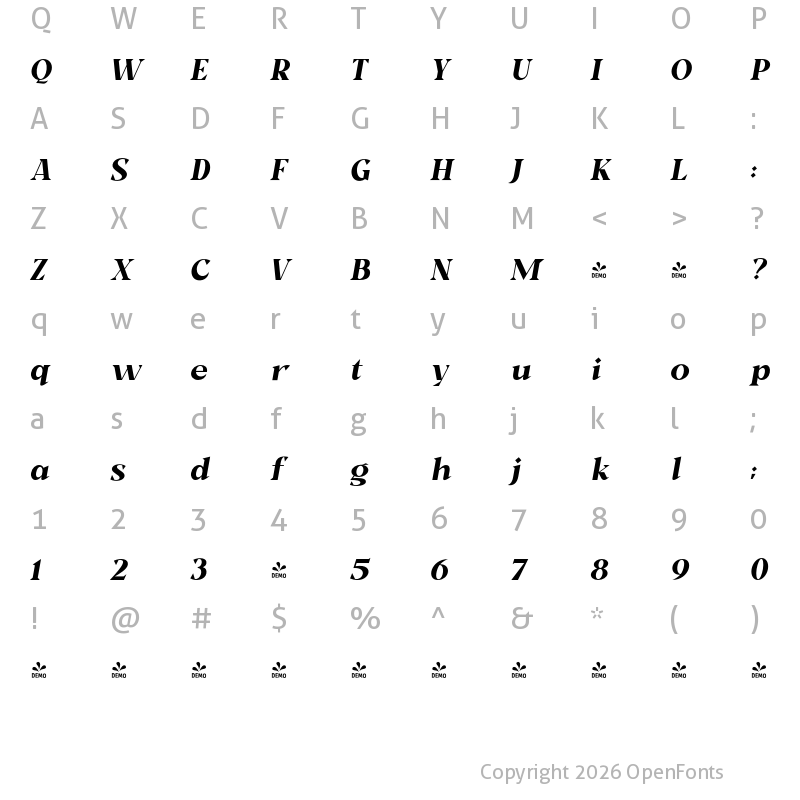 Character Map of FONTSPRING DEMO - Milk and Balls Italic Semi Bold Italic