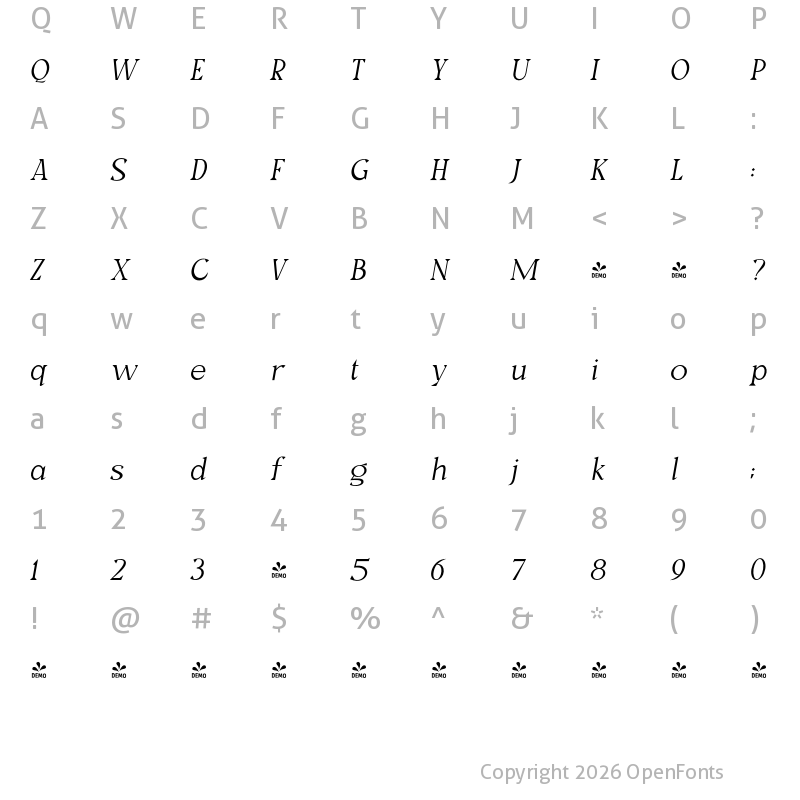 Character Map of FONTSPRING DEMO - Milk and Balls Italic Thin Italic