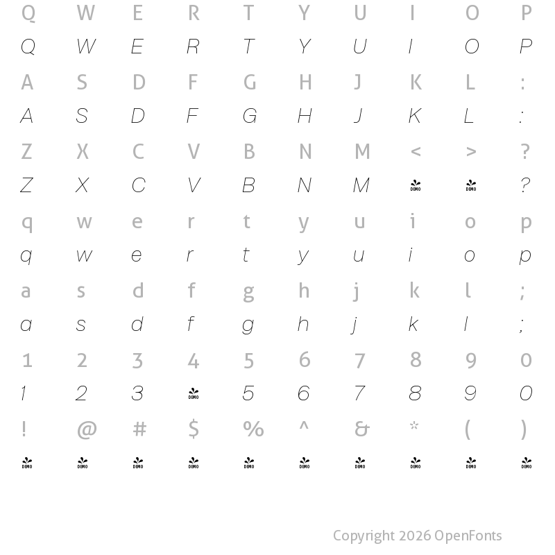 Character Map of FONTSPRING DEMO - Milligram Italic Variable Regular