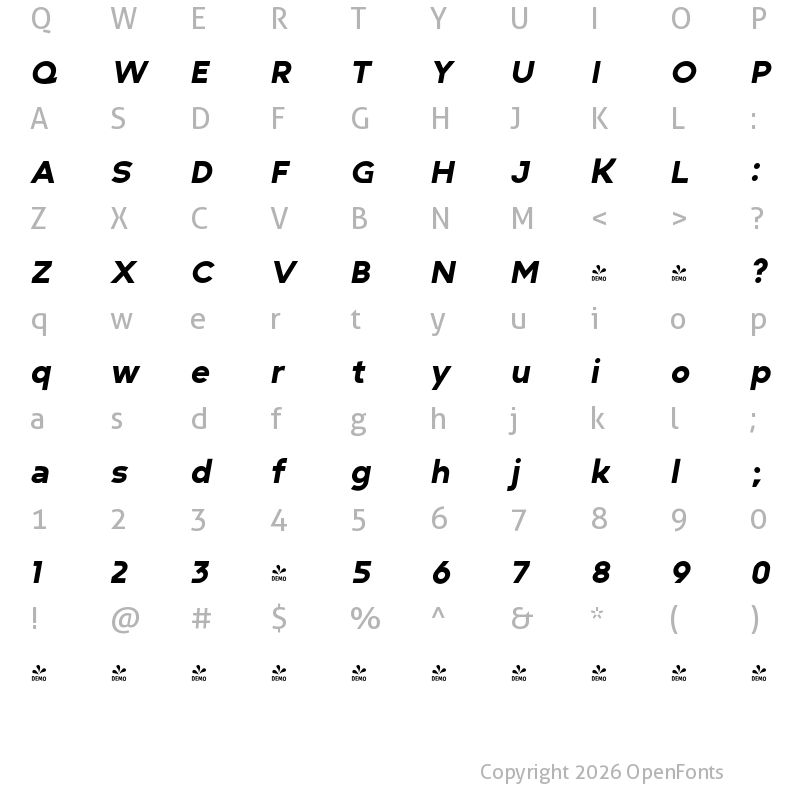Character Map of FONTSPRING DEMO - Minork Sans Black Italic