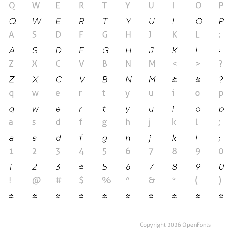 Character Map of FONTSPRING DEMO - Minork Sans Light Italic