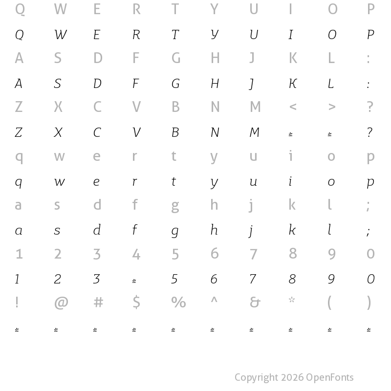 Character Map of FONTSPRING DEMO - Mir Italic Light Regular