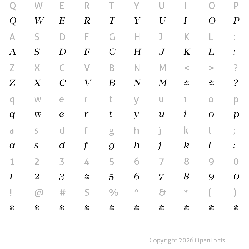 Character Map of FONTSPRING DEMO - Mirador Book Italic