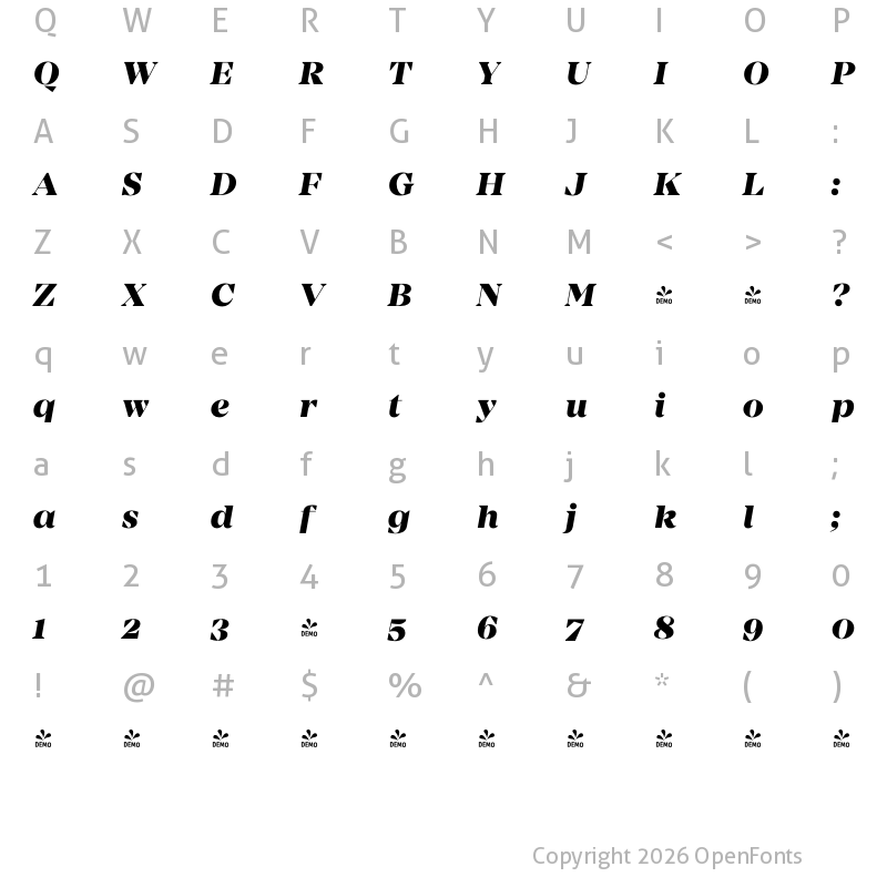 Character Map of FONTSPRING DEMO - Mirador ExtraBold Italic