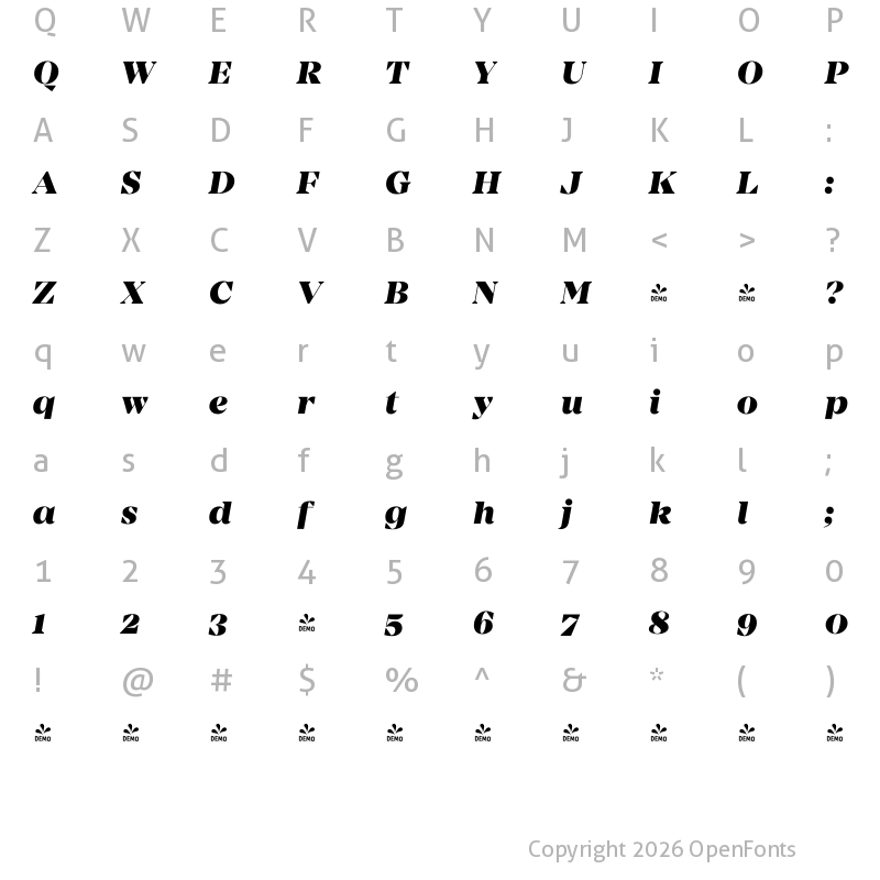 Character Map of FONTSPRING DEMO - Mirador Heavy Italic