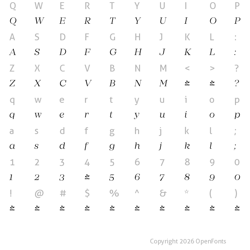 Character Map of FONTSPRING DEMO - Mirador Light Italic