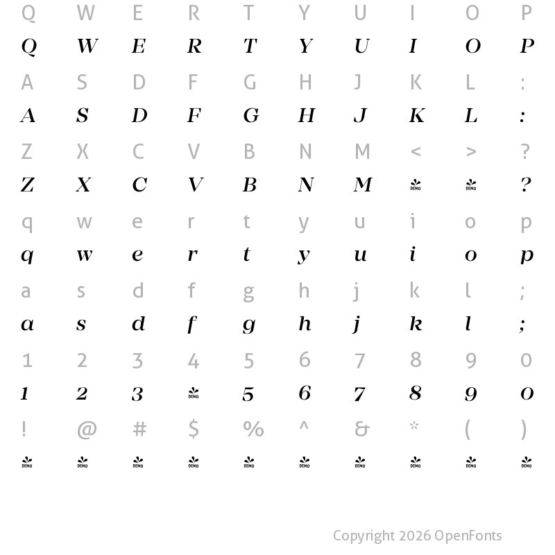 Character Map of FONTSPRING DEMO - Mirador Medium Italic