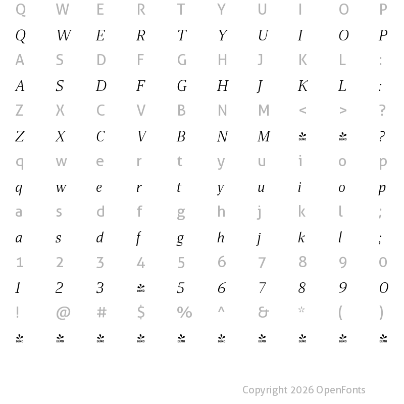 Character Map of FONTSPRING DEMO - Miragem Book Italic Italic