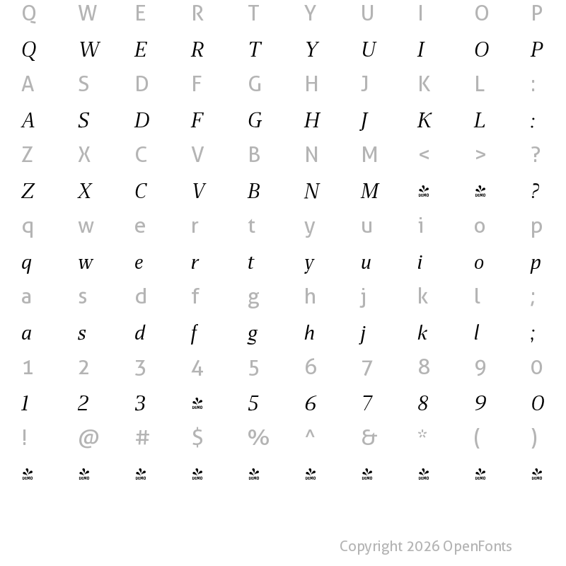 Character Map of FONTSPRING DEMO - Miragem Italic Italic