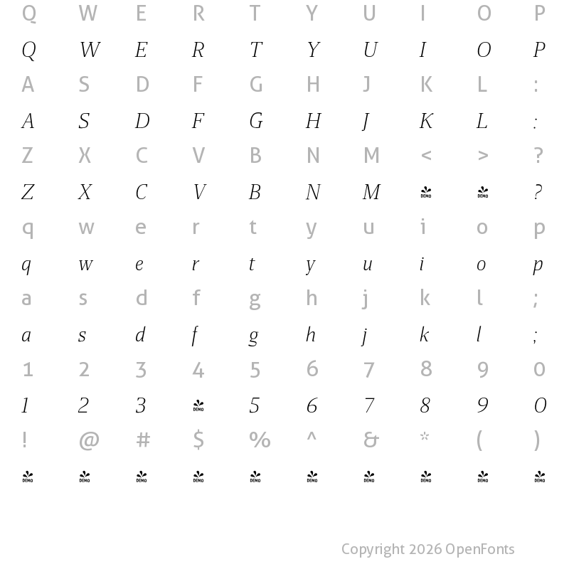 Character Map of FONTSPRING DEMO - Miragem Light Italic Italic