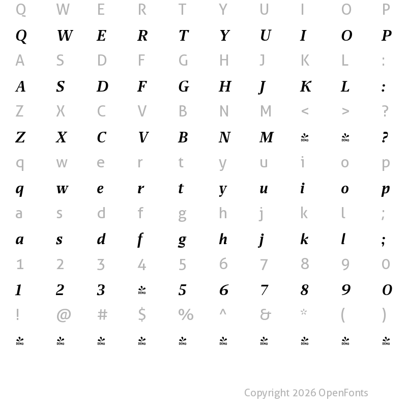 Character Map of FONTSPRING DEMO - Miragem SemiBold Italic Italic
