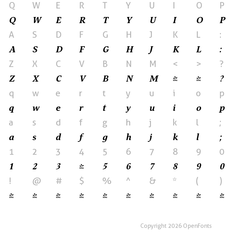 Character Map of FONTSPRING DEMO - Mirandolina Bold Italic Regular
