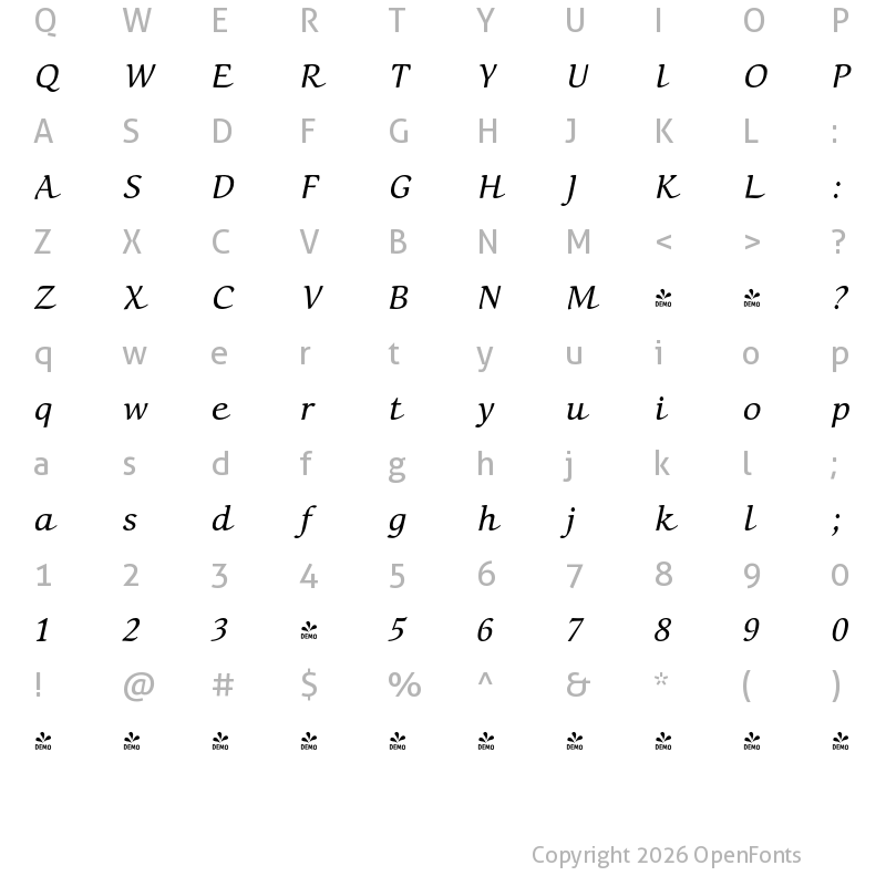 Character Map of FONTSPRING DEMO - Mirandolina CalligrThree Regular