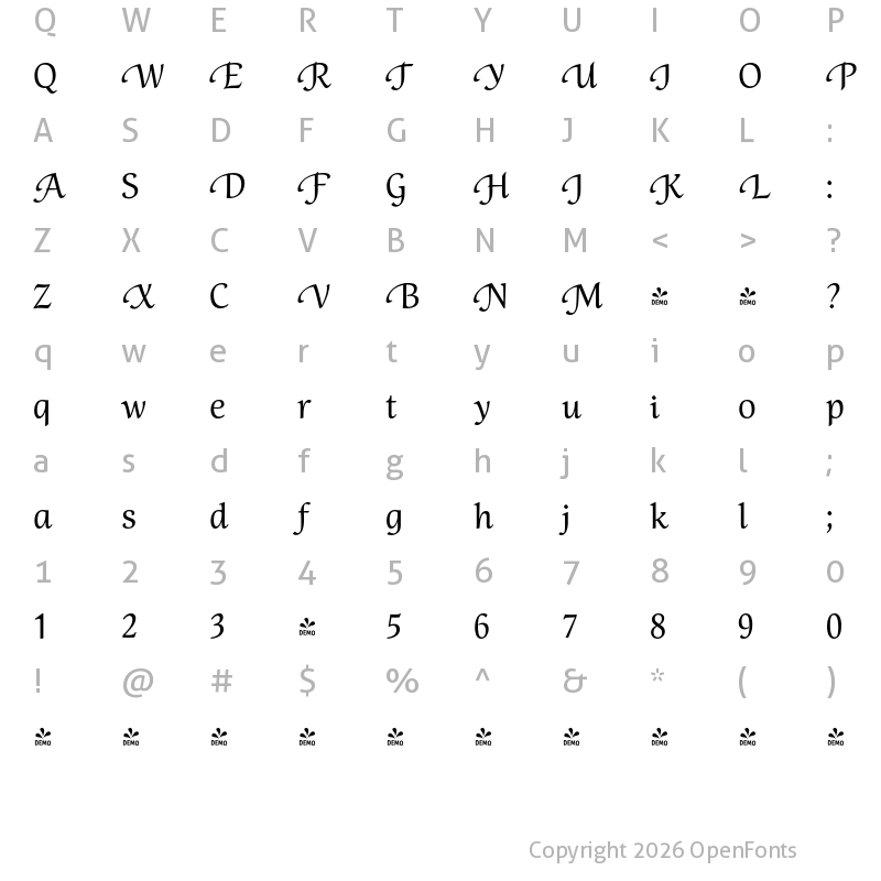 Character Map of FONTSPRING DEMO - Mirandolina CalligrTwo Regular