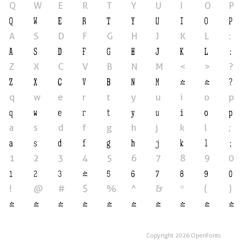 Character Map of FONTSPRING DEMO - Mitigate Typewriter Regular