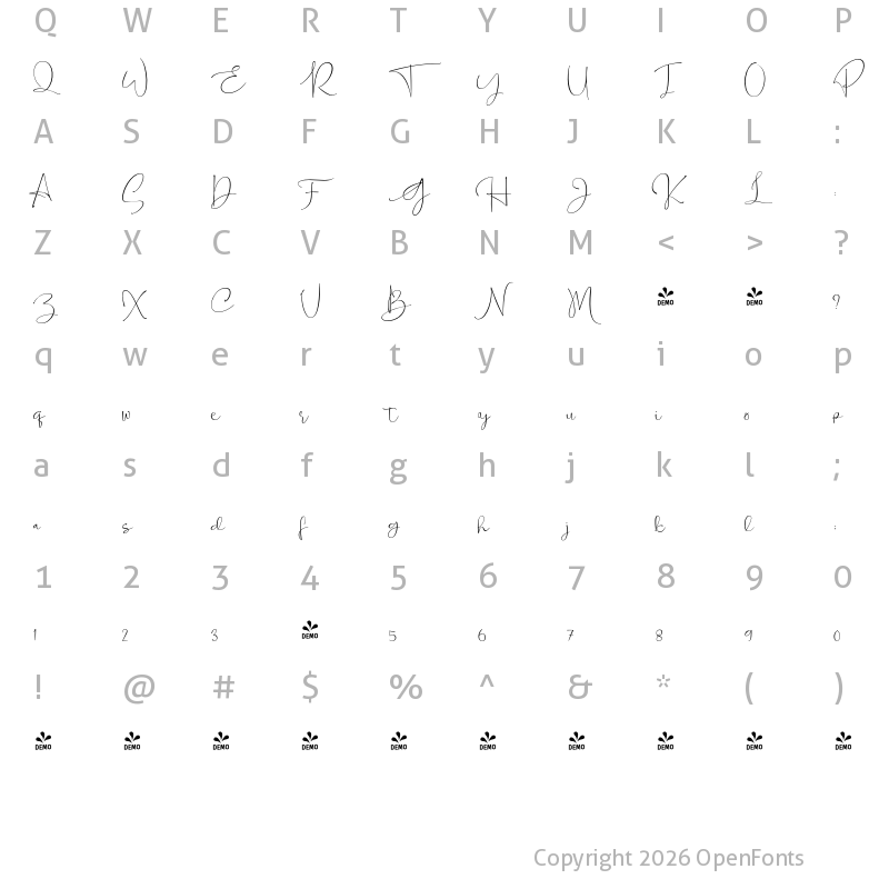 Character Map of FONTSPRING DEMO - Mitogen Signature Regular