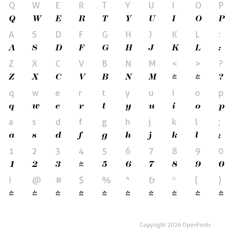 Character Map of FONTSPRING DEMO - Modern 216 Bold Italic
